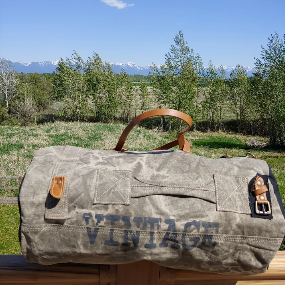 Vintage Canvas Duffel Bag with Leather Accents - Gray